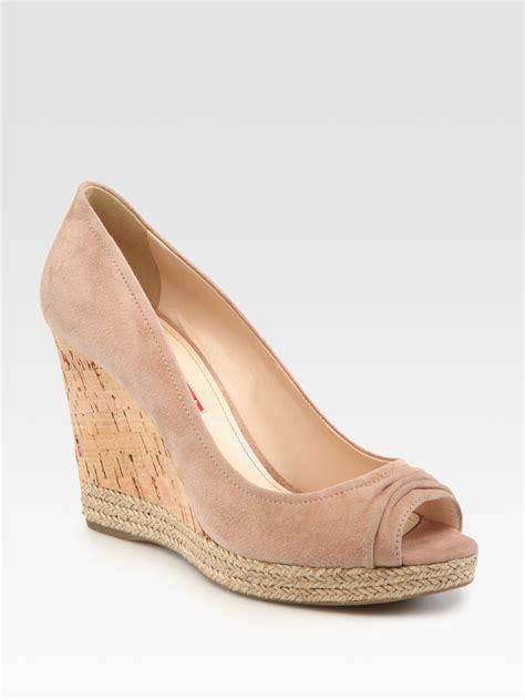 prada beige suede peep toe pumps|Prada boots and pumps.